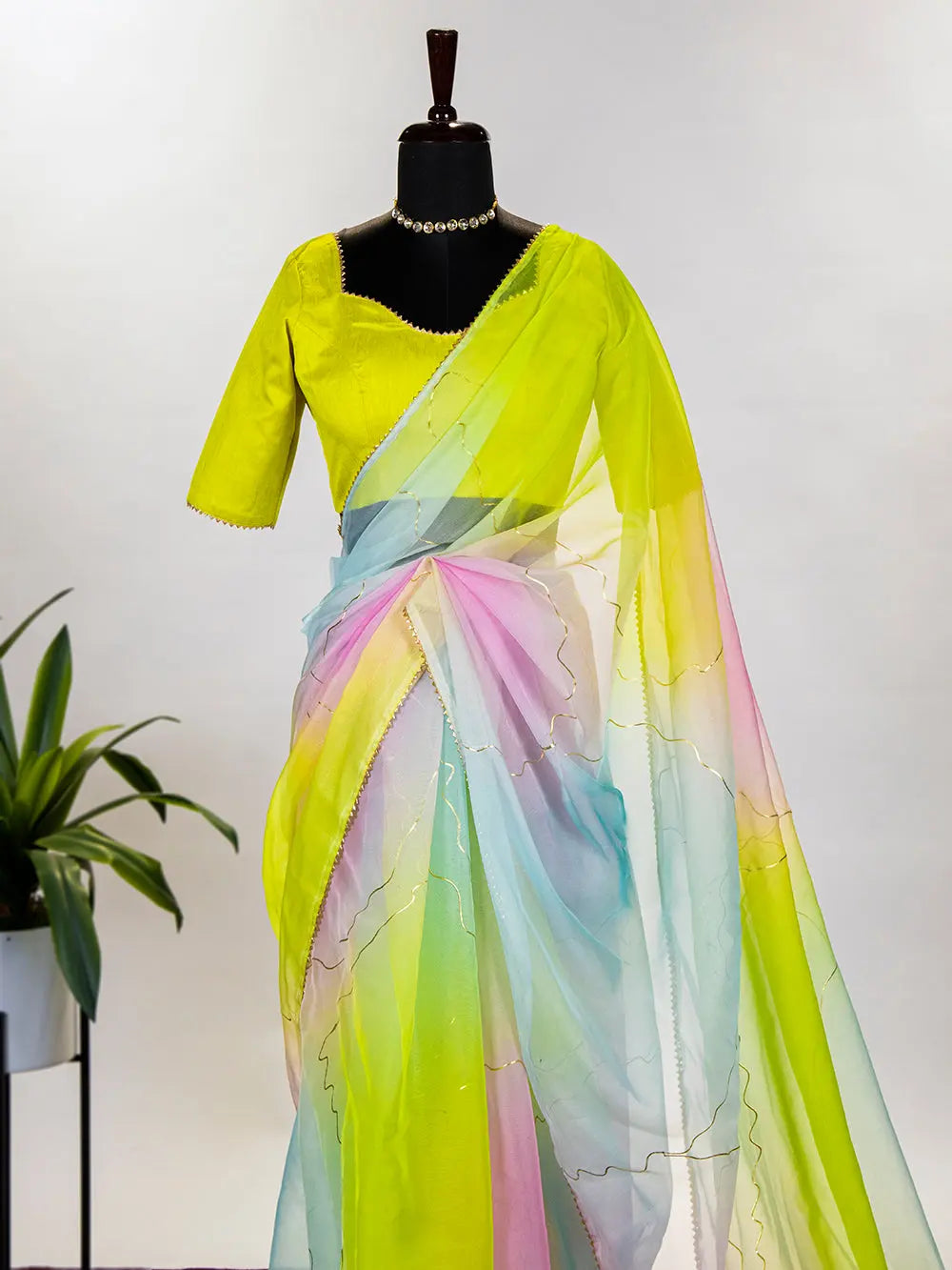 Mint Color Floral & Foil Printed Organza Saree - Colorful Saree