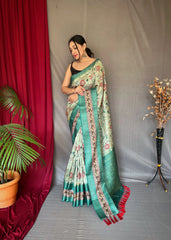 Mist Green Saree in Banarasi Silk with Contrast Kalamkari Print - Colorful Saree