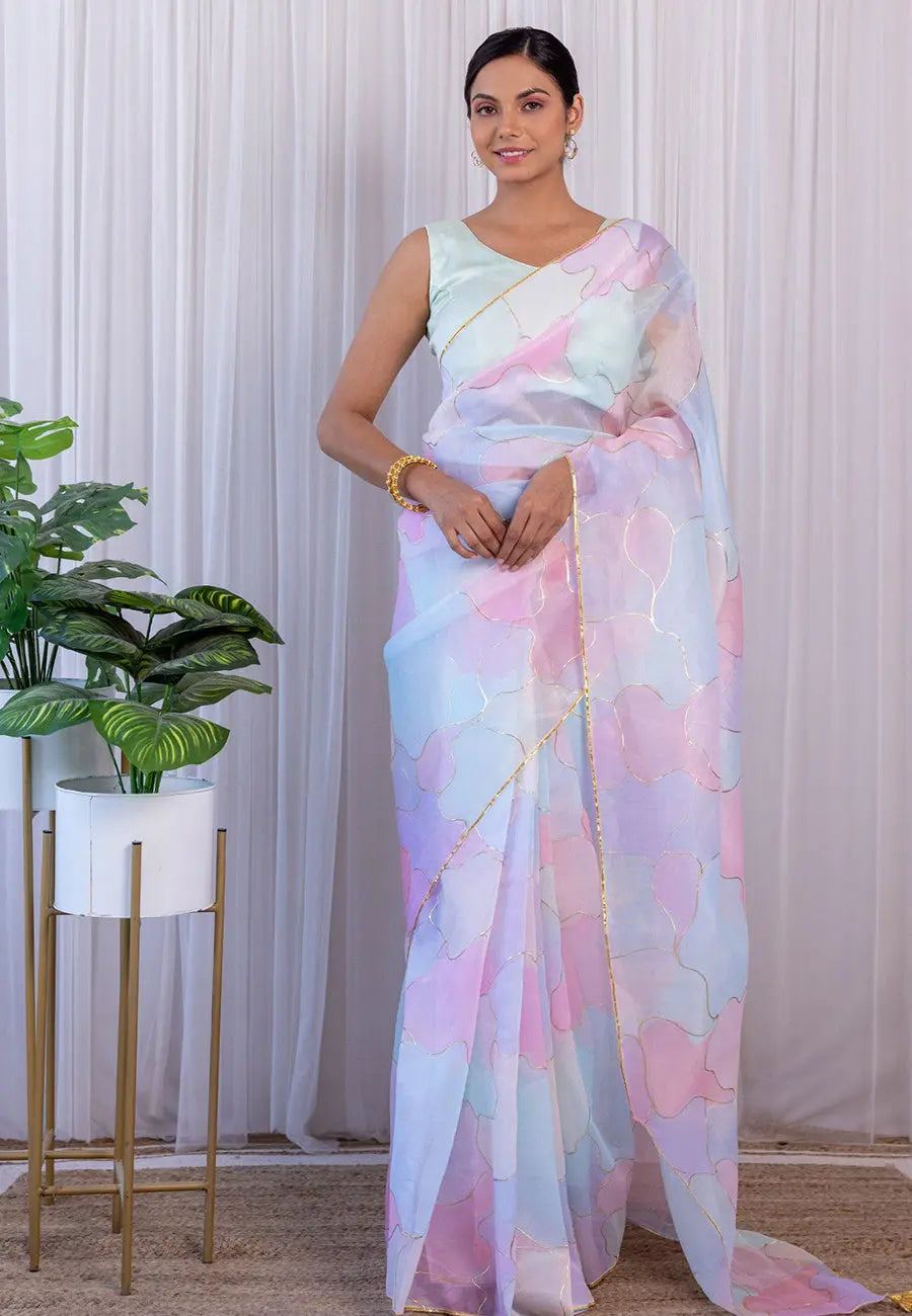 Multi-Color Pastel Dream Organza Saree with Unstitched Blouse - Colorful Saree