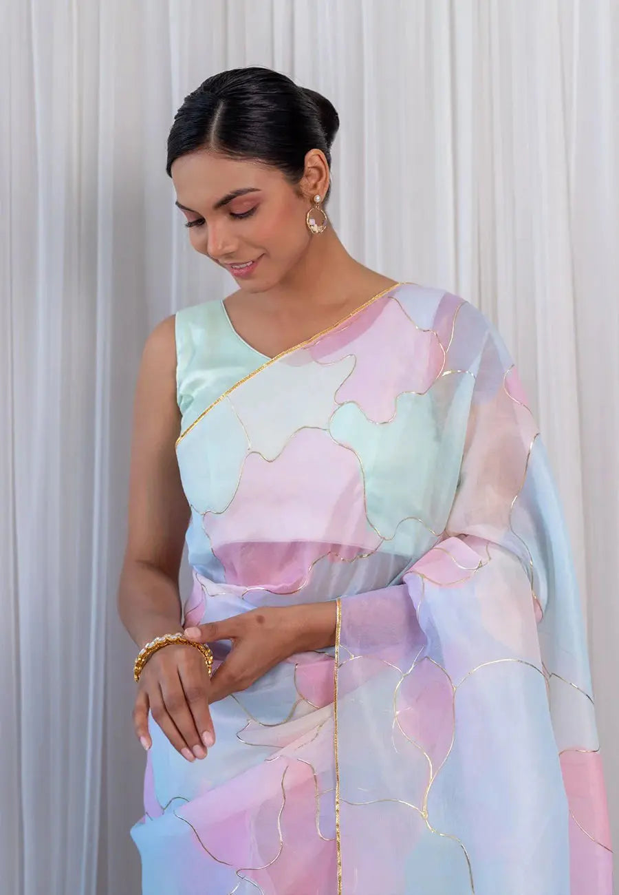 Multi-Color Pastel Dream Organza Saree with Unstitched Blouse - Colorful Saree