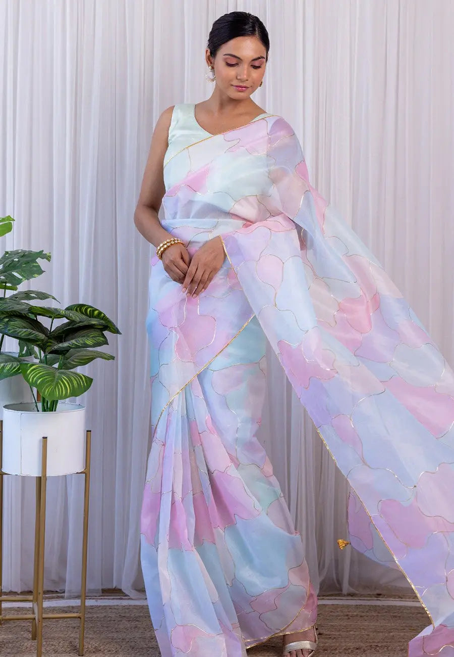 Multi-Color Pastel Dream Organza Saree with Unstitched Blouse - Colorful Saree