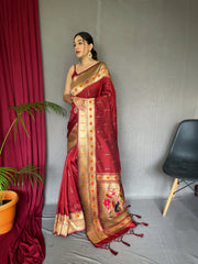 Muniya Paithani Silk Woven Saree Falu Red - Colorful Saree