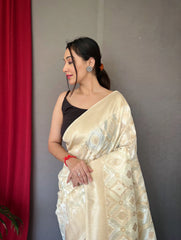 Muskaan Linen Ikat Woven Saree Ivory - Colorful Saree