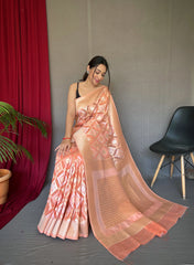 Muskaan Linen Ikat Woven Saree Peach - Colorful Saree