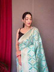 Muskaan Linen Ikat Woven Saree Turquoise - Colorful Saree