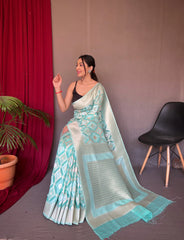 Muskaan Linen Ikat Woven Saree Turquoise - Colorful Saree