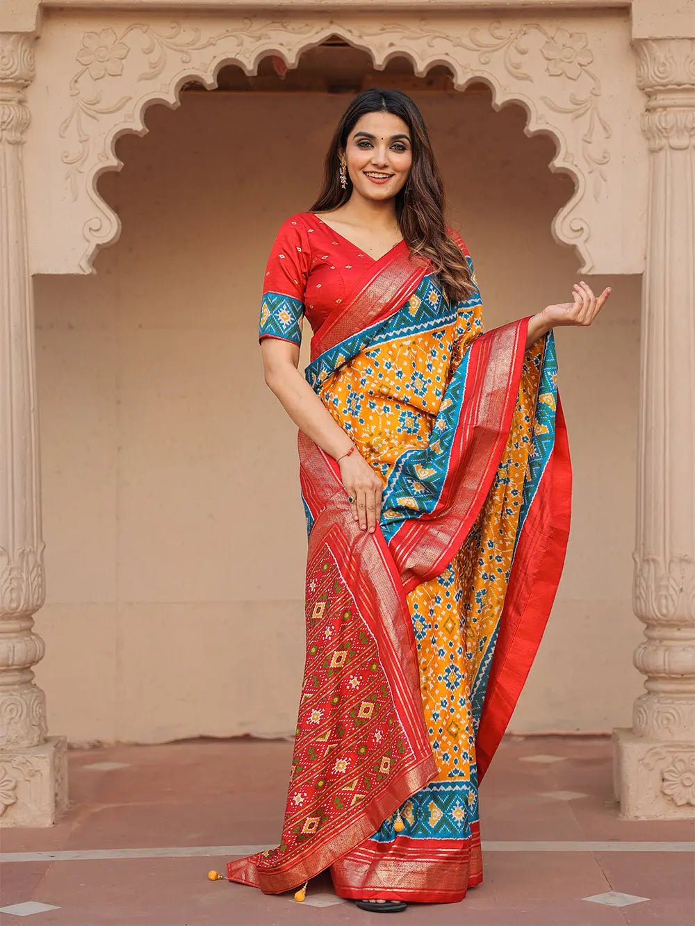 Mustard Color Patola with Foil Printed Dola Silk Saree - Colorful Saree