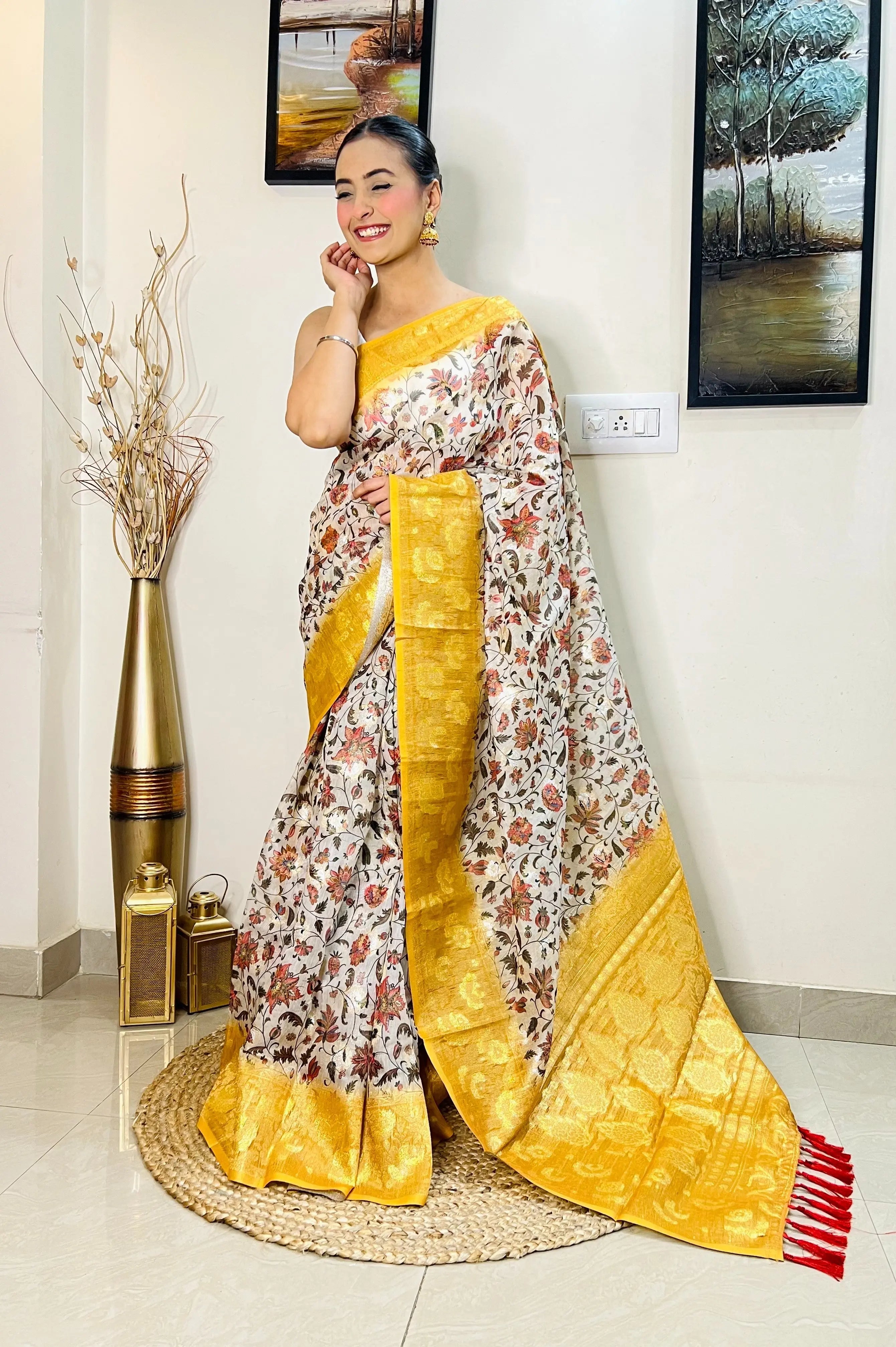 Mustard Yellow Saree in Banarasi Silk with Floral Print - Colorful Saree