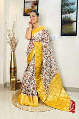 Mustard Yellow Saree in Banarasi Silk with Floral Print - Colorful Saree