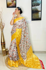 Mustard Yellow Saree in Banarasi Silk with Floral Print - Colorful Saree