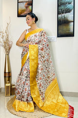 Mustard Yellow Saree in Banarasi Silk with Floral Print - Colorful Saree