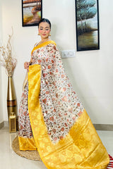 Mustard Yellow Saree in Banarasi Silk with Floral Print - Colorful Saree