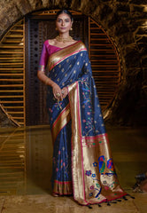 Navy Blue Mayuri Banarasi Paithani Silk Woven Saree - Colorful Saree