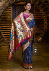 Navy Blue Mayuri Banarasi Paithani Silk Woven Saree - Colorful Saree