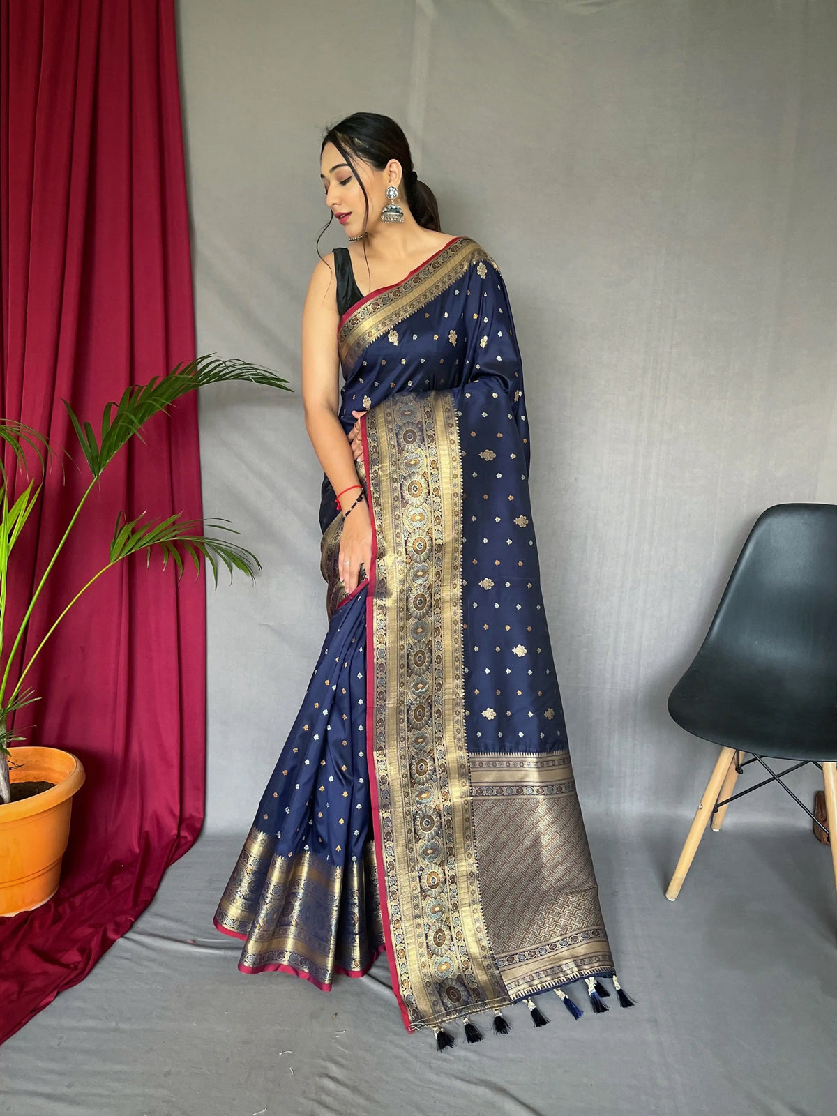 Navy Blue Saree in Soft Silk Woven and Multi Color Zari - Colorful Saree