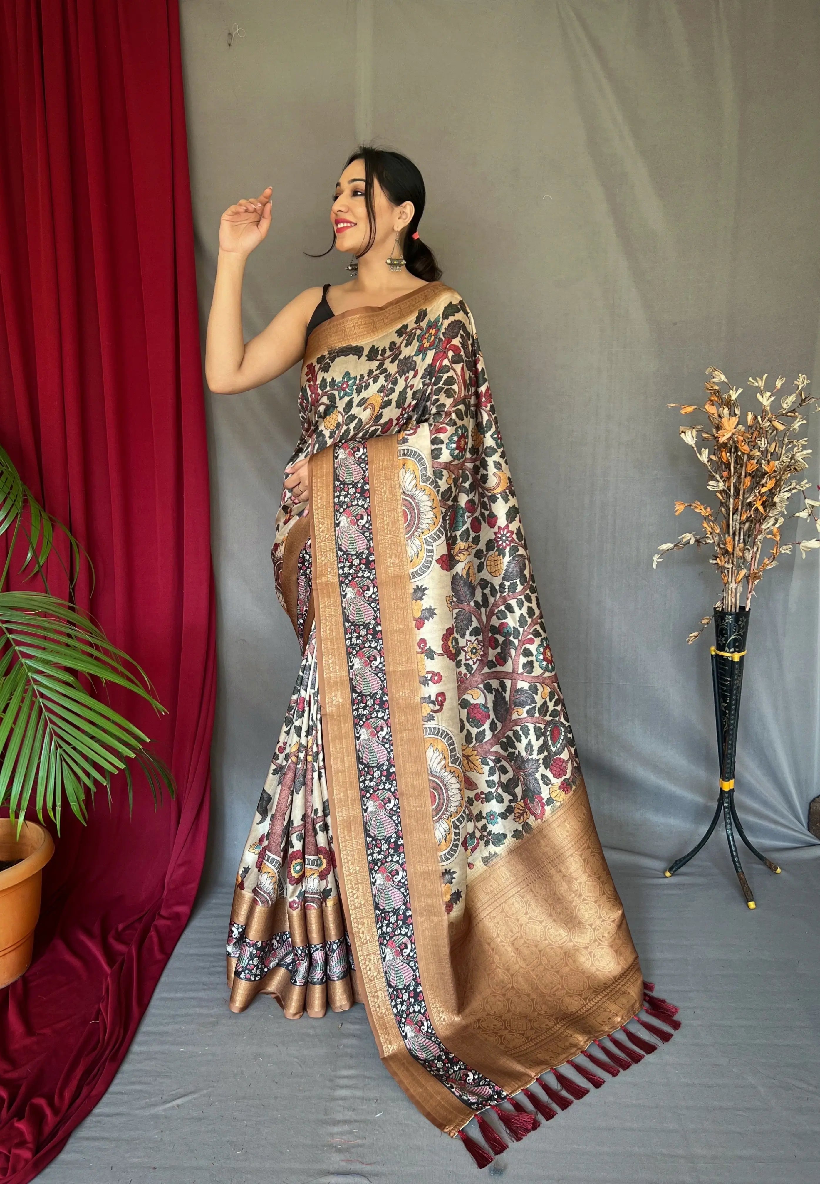 Off White Brown saree in Banarasi Silk with Contrast Kalamkari Print - Colorful Saree