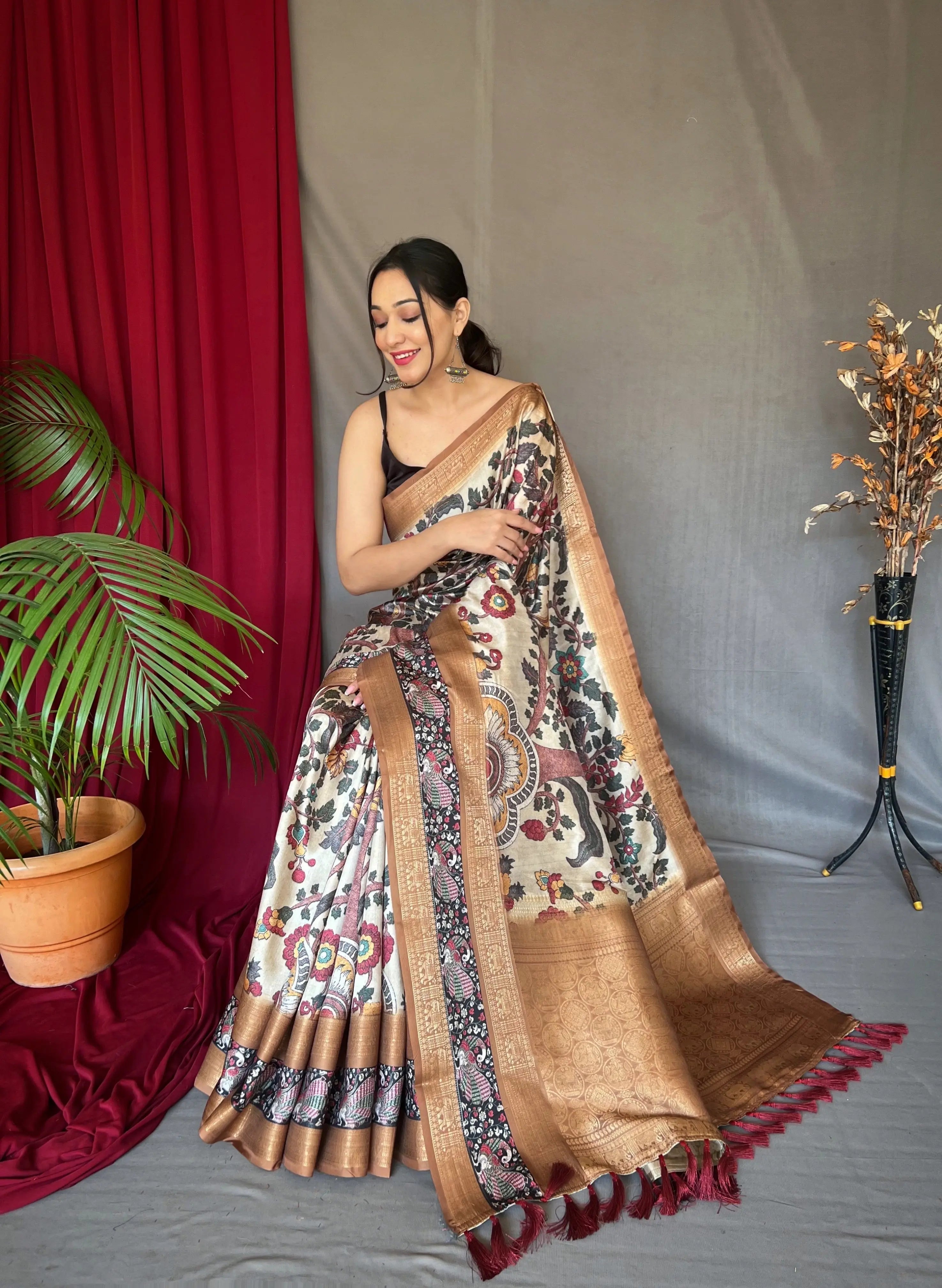 Off White Brown saree in Banarasi Silk with Contrast Kalamkari Print - Colorful Saree