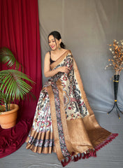 Off White Brown saree in Banarasi Silk with Contrast Kalamkari Print - Colorful Saree