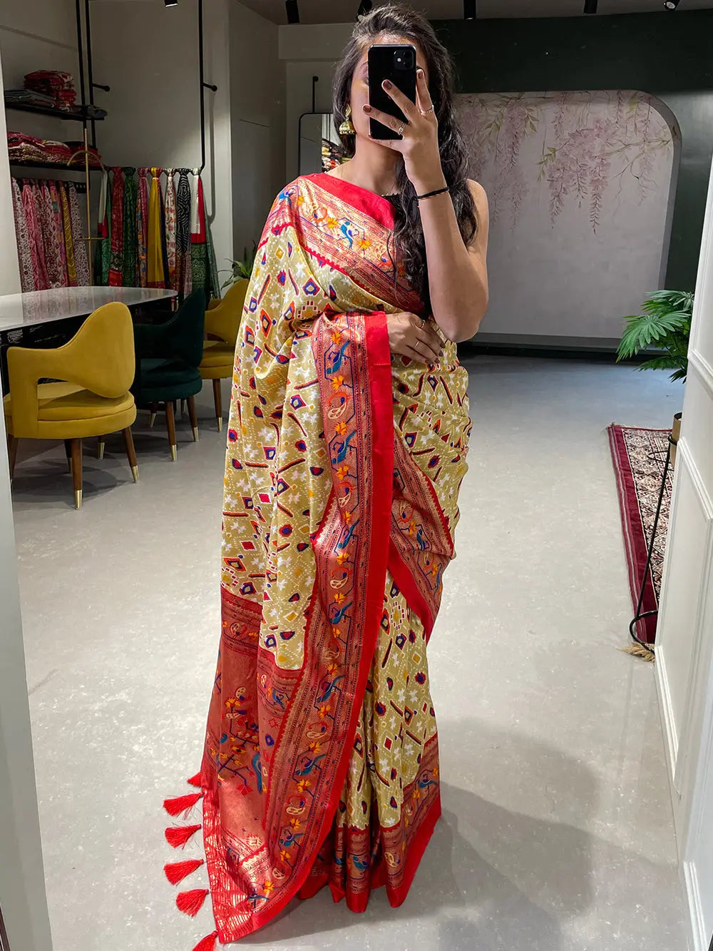 Off White Color  Patola Paithani Printed with Foil Work Dola Silk Saree - Colorful Saree