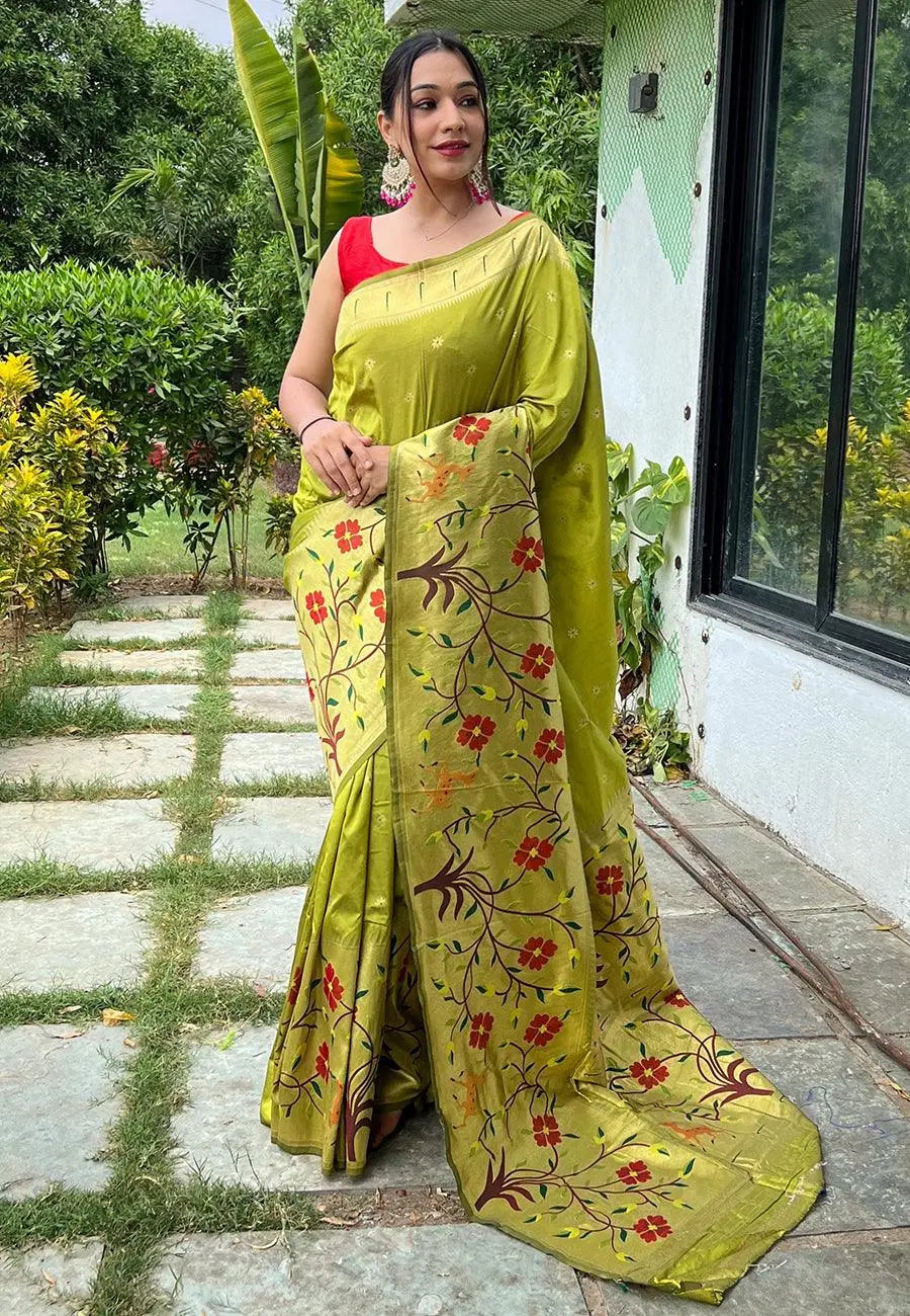 Olive Green Gayatri Paithani Big Border Woven Saree - Colorful Saree