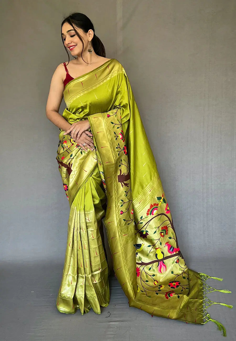 Olive Green Paithani Big Border Zari Woven Saree - Colorful Saree