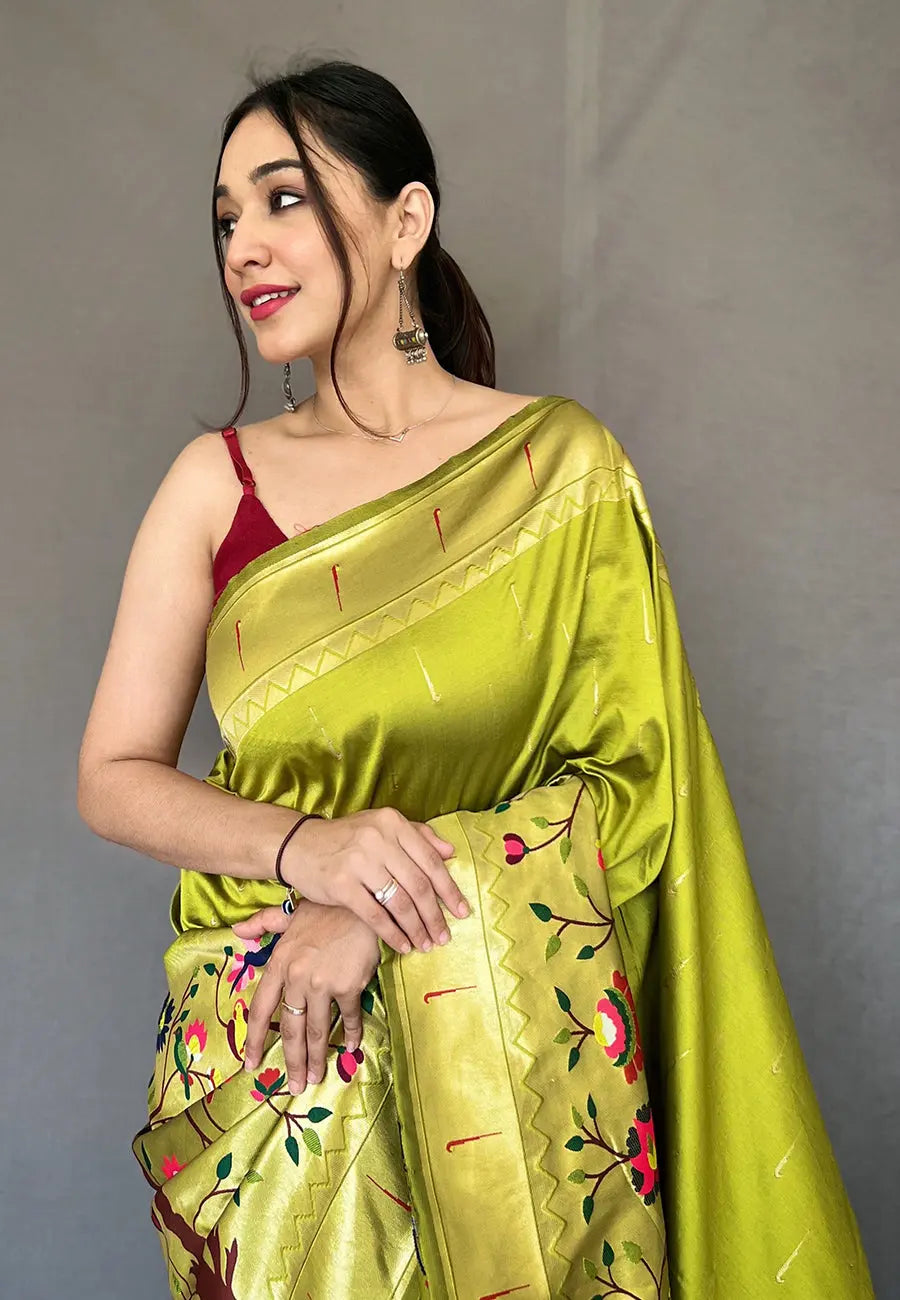 Olive Green Paithani Big Border Zari Woven Saree - Colorful Saree