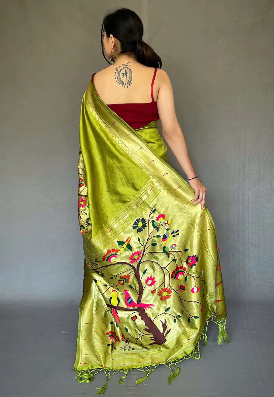 Olive Green Paithani Big Border Zari Woven Saree - Colorful Saree