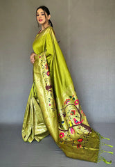 Olive Green Paithani Big Border Zari Woven Saree - Colorful Saree