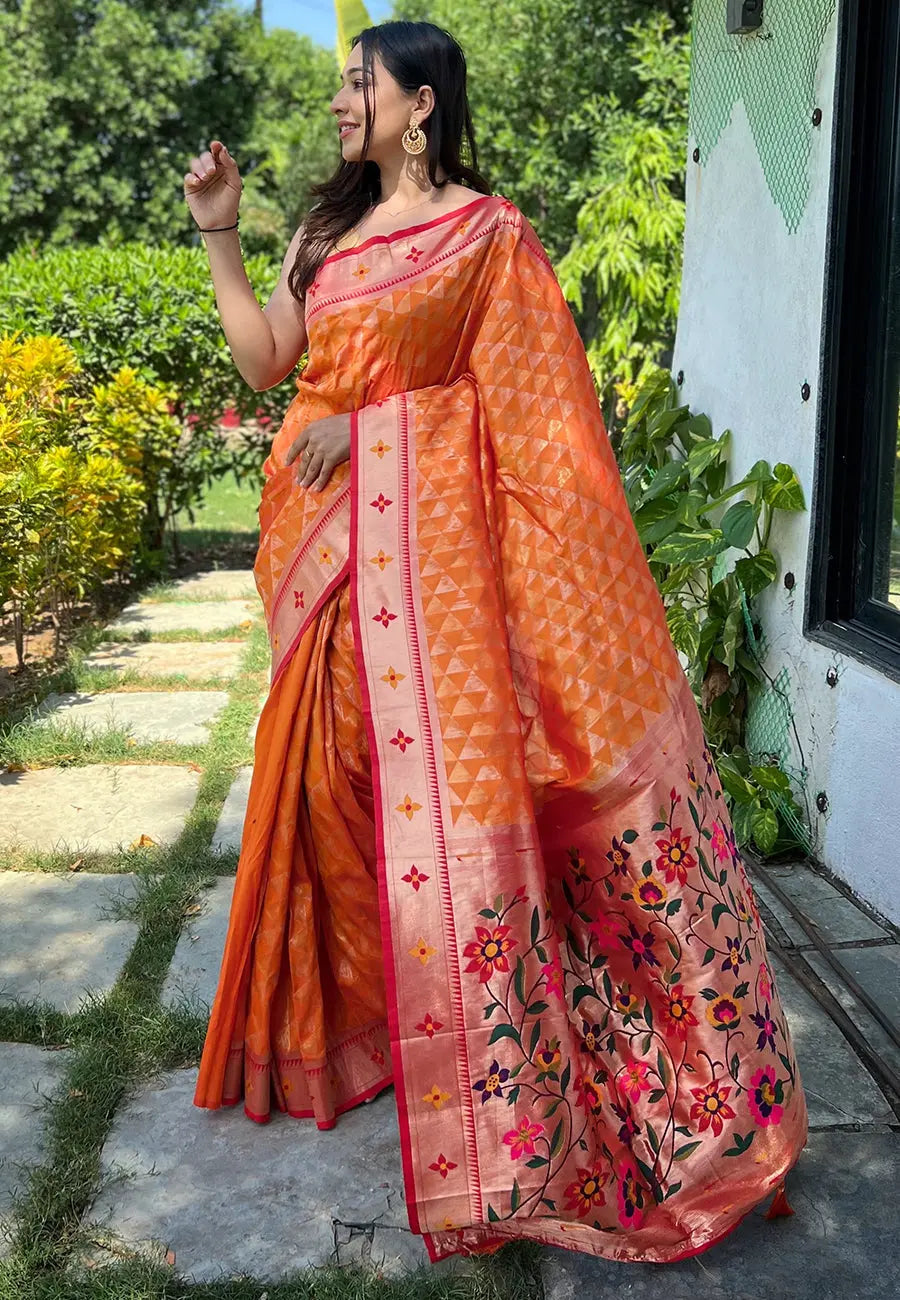 Orange Banarasi Paithani Silk Woven Saree - Colorful Saree