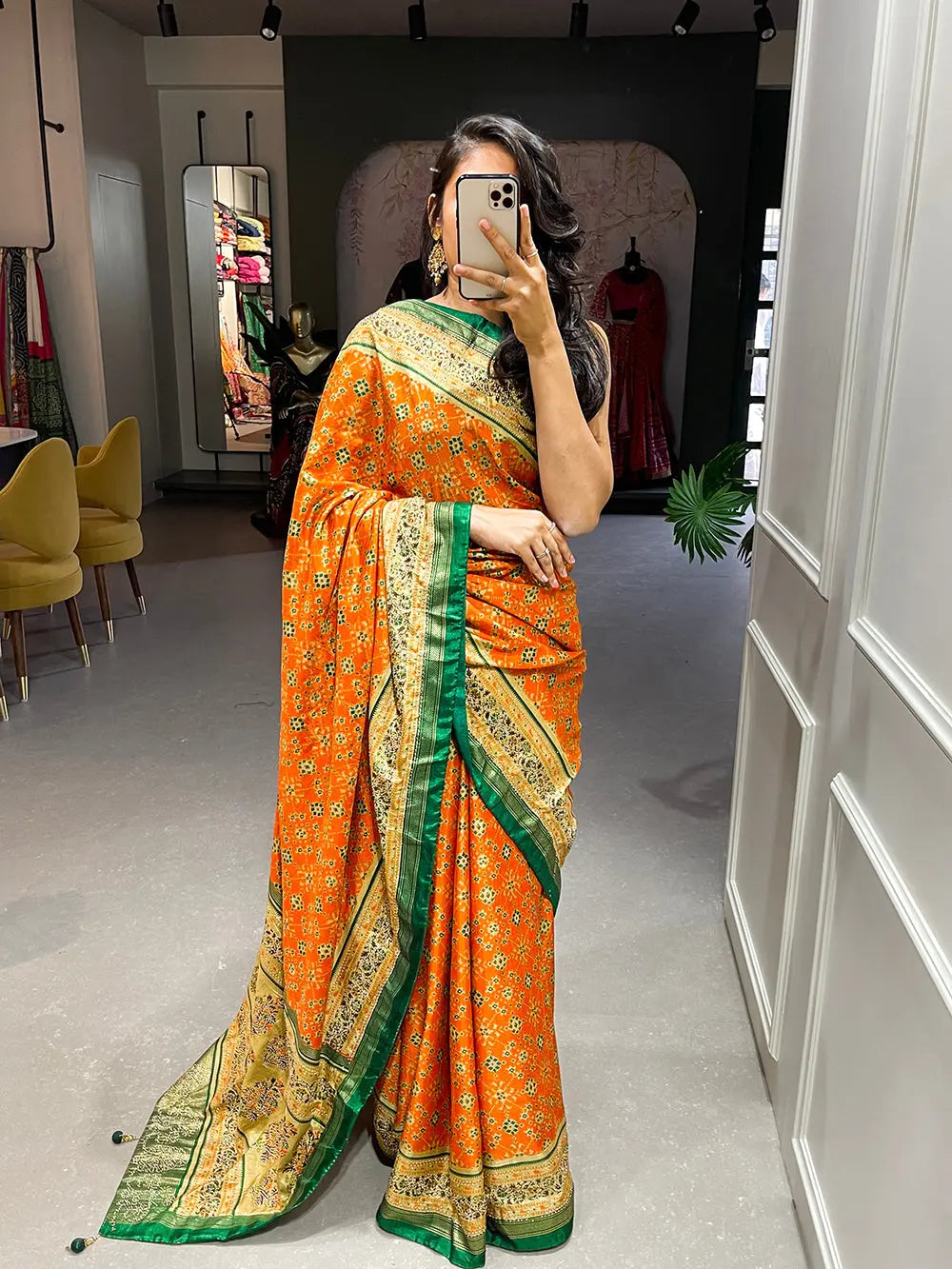 Orange Color Foil Printed And Stone Work Dola Silk Saree - Colorful Saree