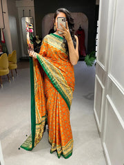 Orange Color Foil Printed And Stone Work Dola Silk Saree - Colorful Saree