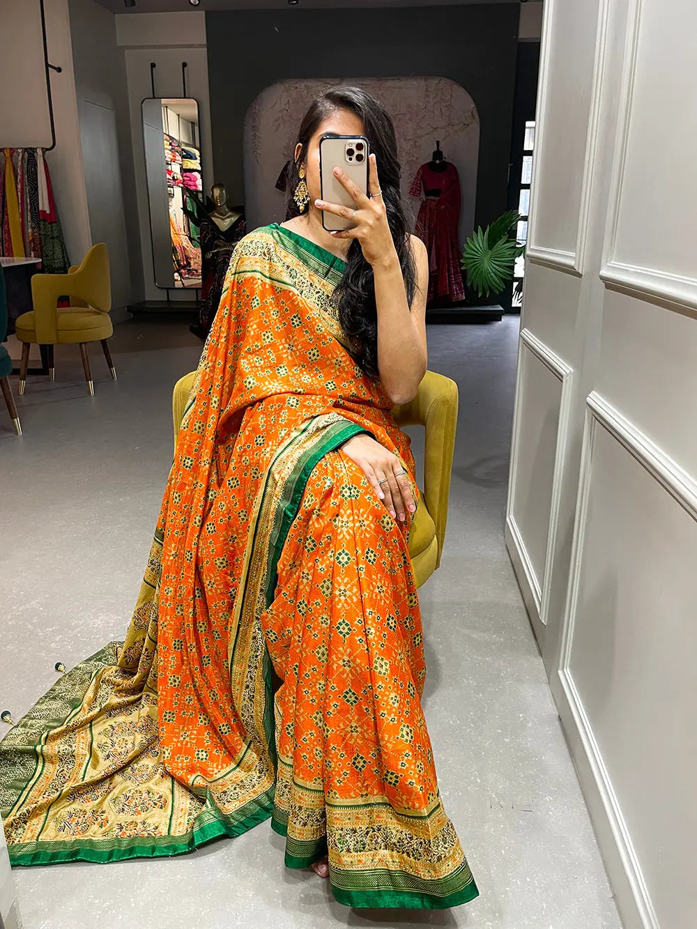 Orange Color Foil Printed And Stone Work Dola Silk Saree - Colorful Saree