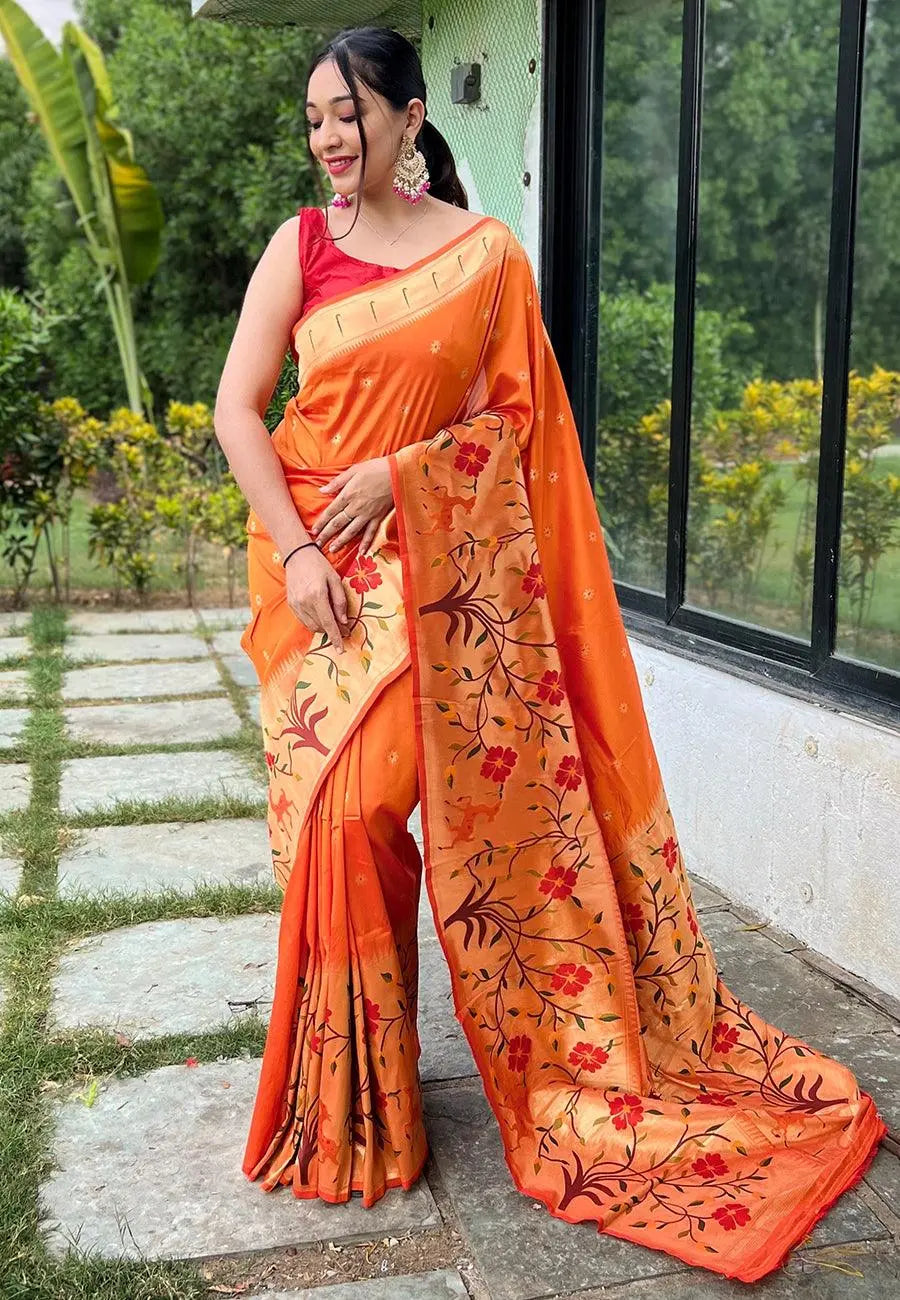 Orange Gayatri Paithani Big Border Woven Saree - Colorful Saree