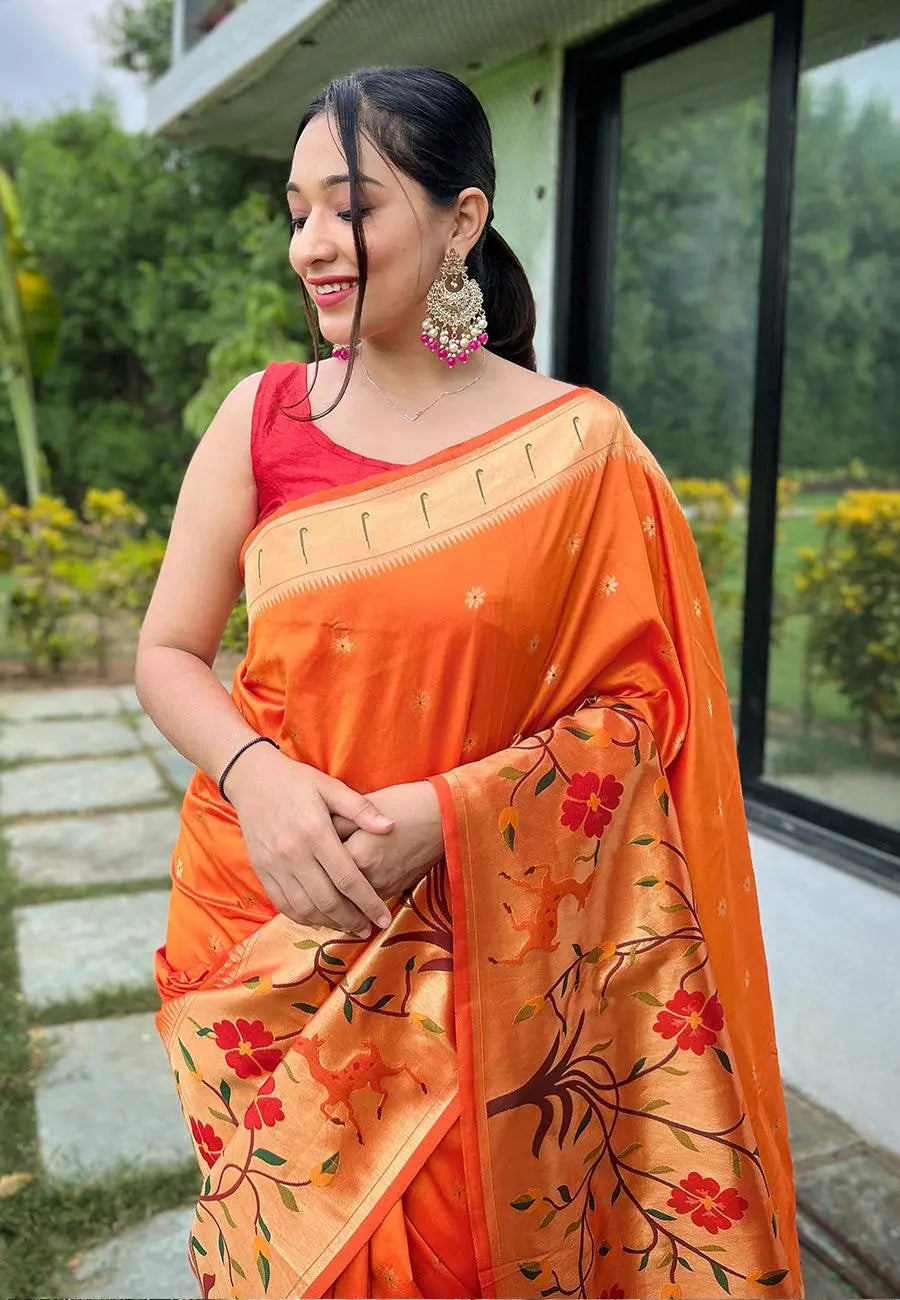 Orange Gayatri Paithani Big Border Woven Saree - Colorful Saree