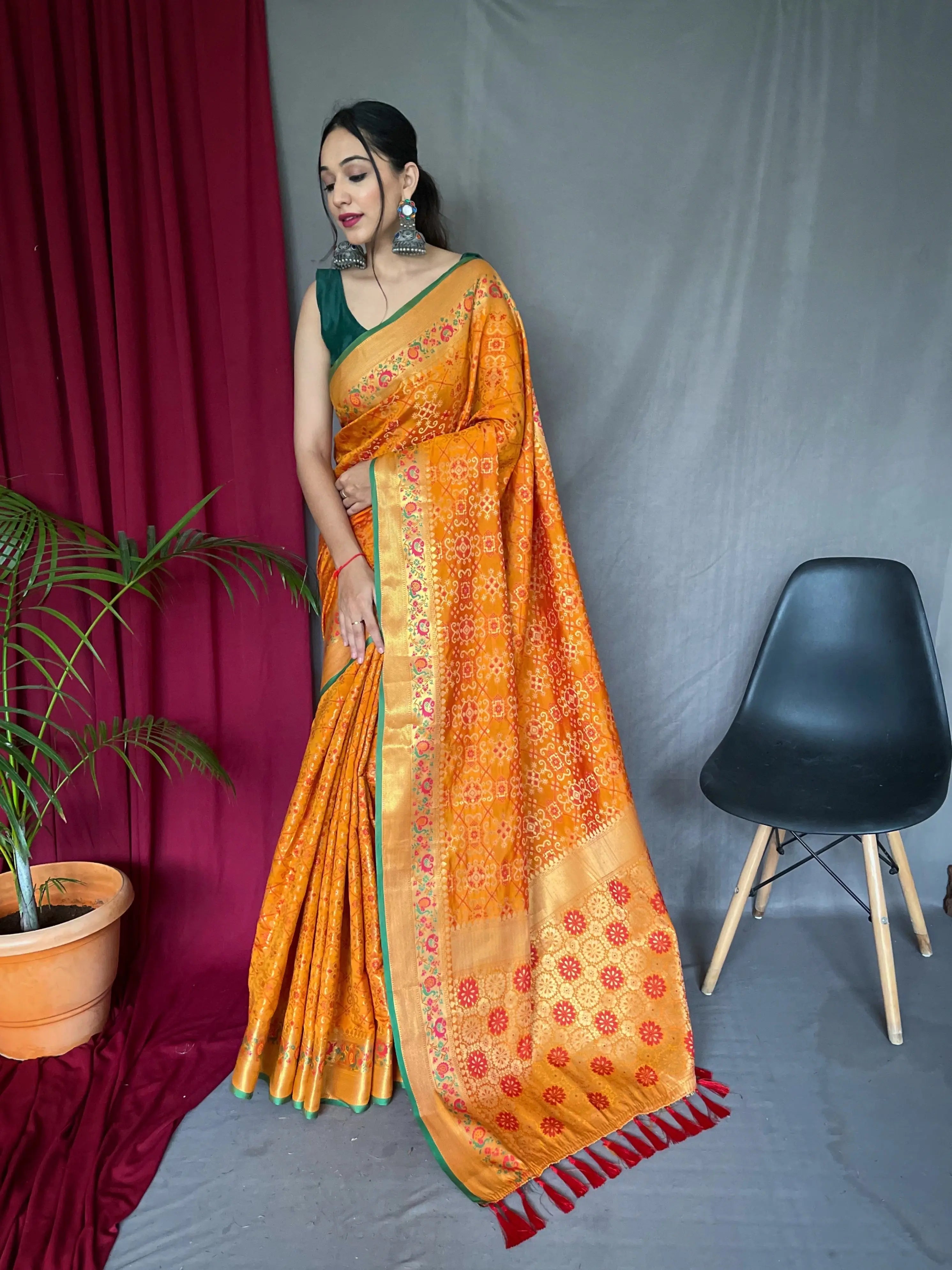 Orange Gold Saree in Bandhej Patola Silk - Colorful Saree