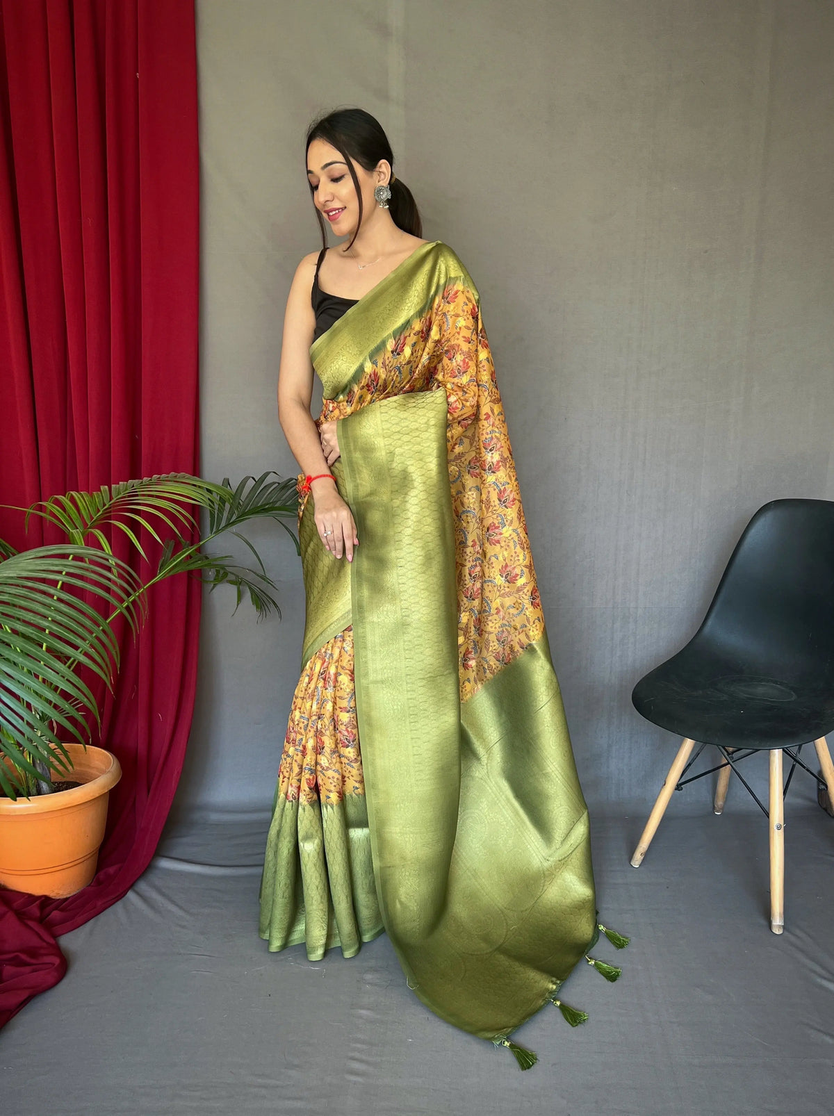 Orange Green Kora Muslin Kalamkari Silk Woven Saree - Colorful Saree