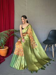 Orange Green Kora Muslin Kalamkari Silk Woven Saree - Colorful Saree