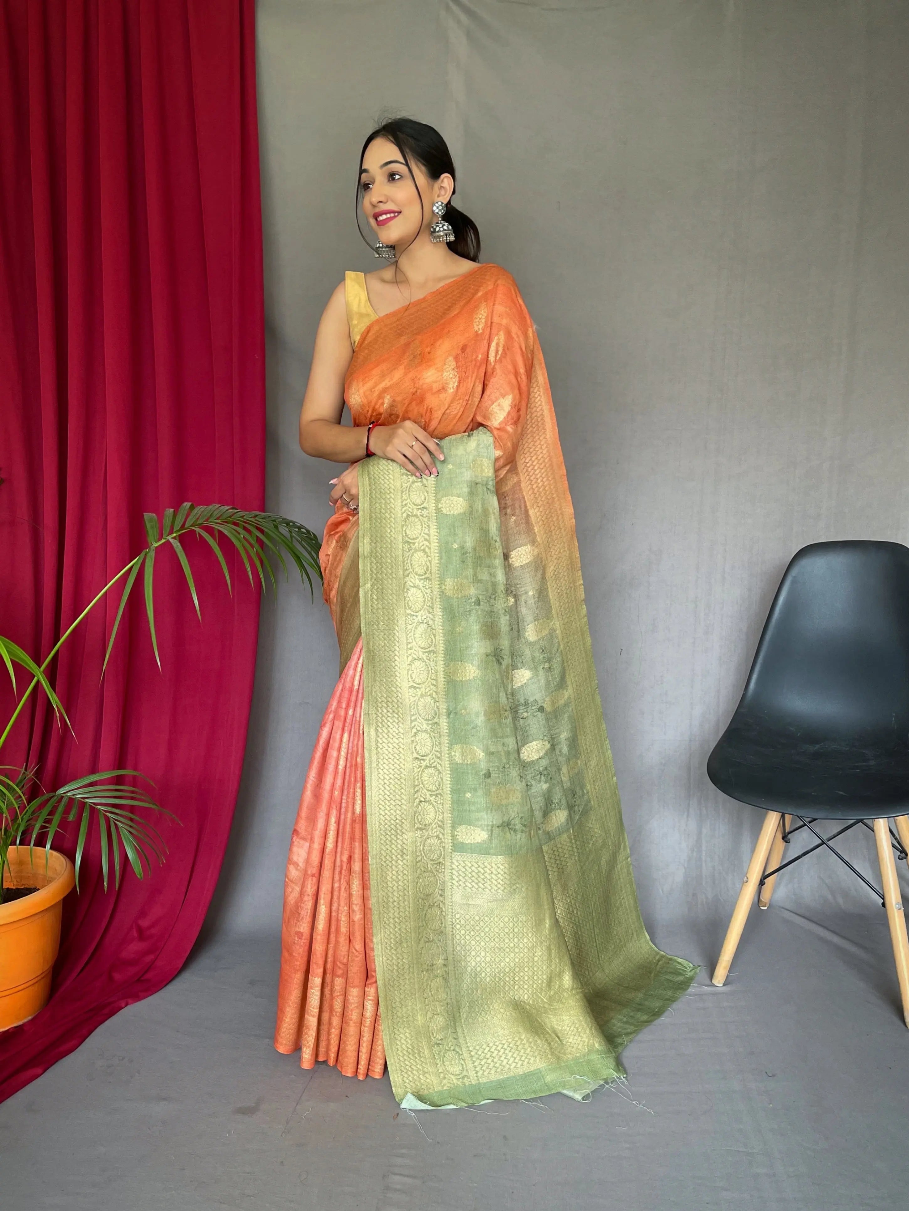 Orange Green Saree in Banarasi Silk With Dual Tone Self Print - Colorful Saree