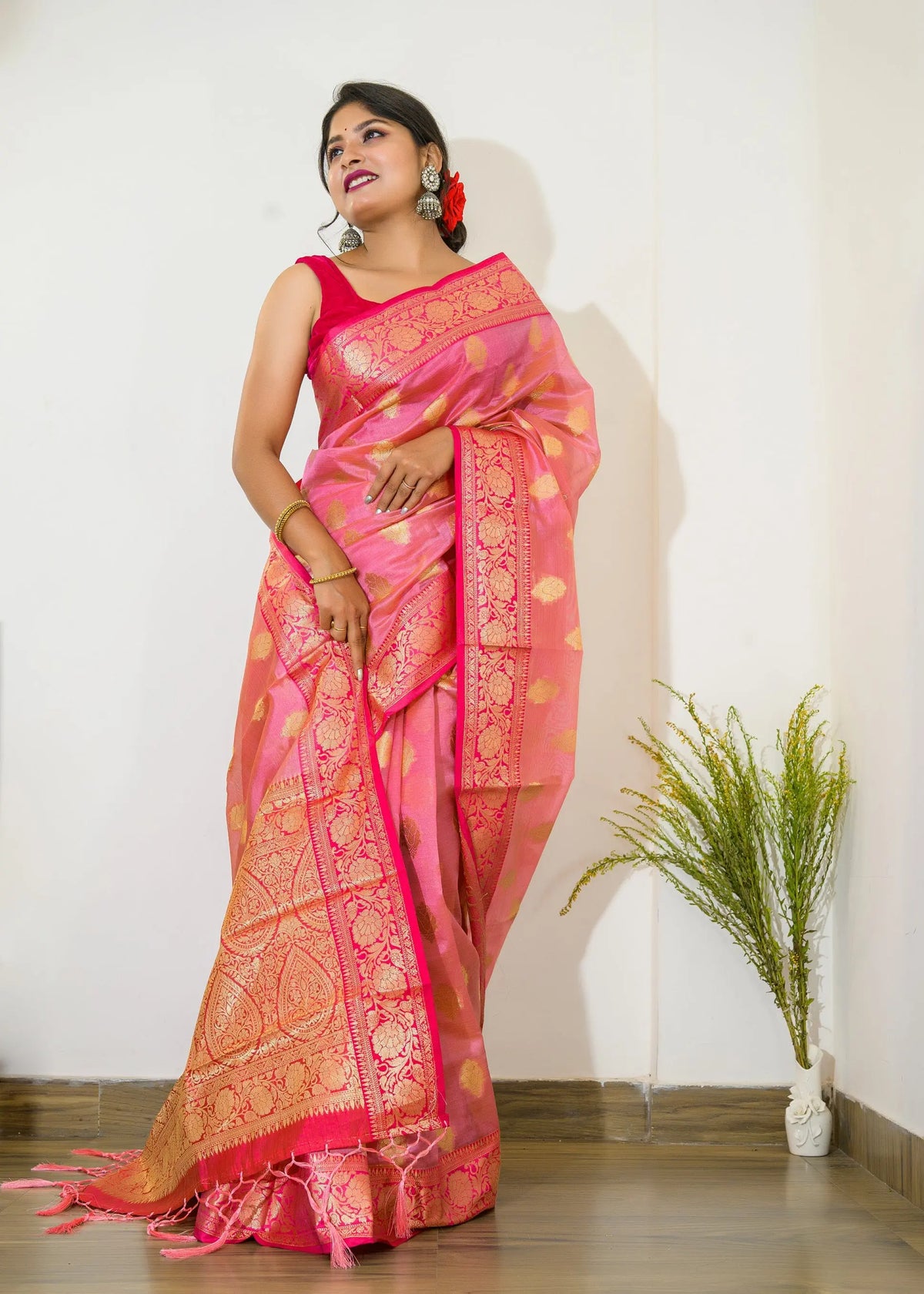 Organza Chaap Woven Dusty Pink - Colorful Saree