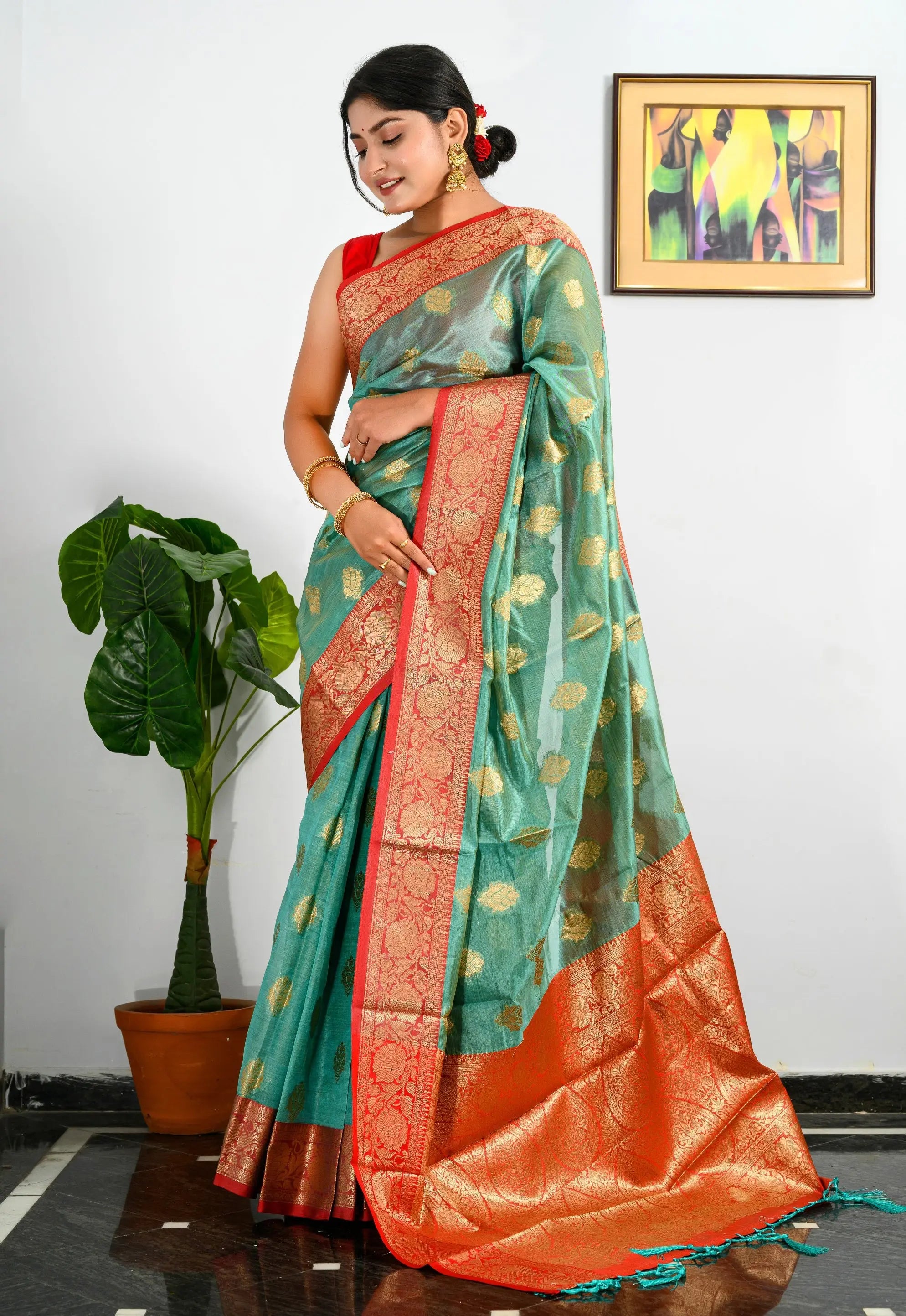 Organza Chaap Woven Fountain Blue - Colorful Saree