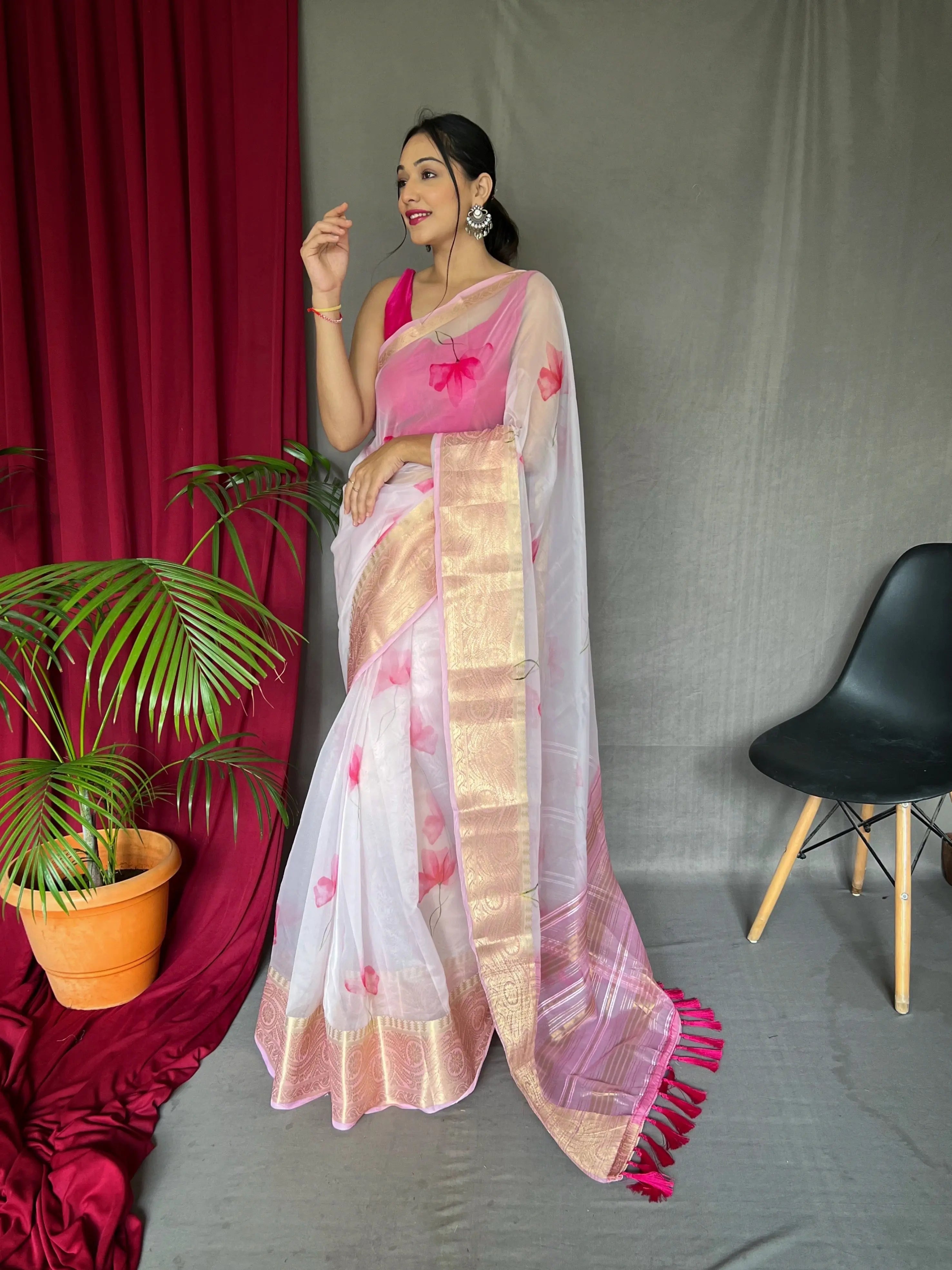 Organza Digital Floral Printed Saree Baby Pink - Colorful Saree