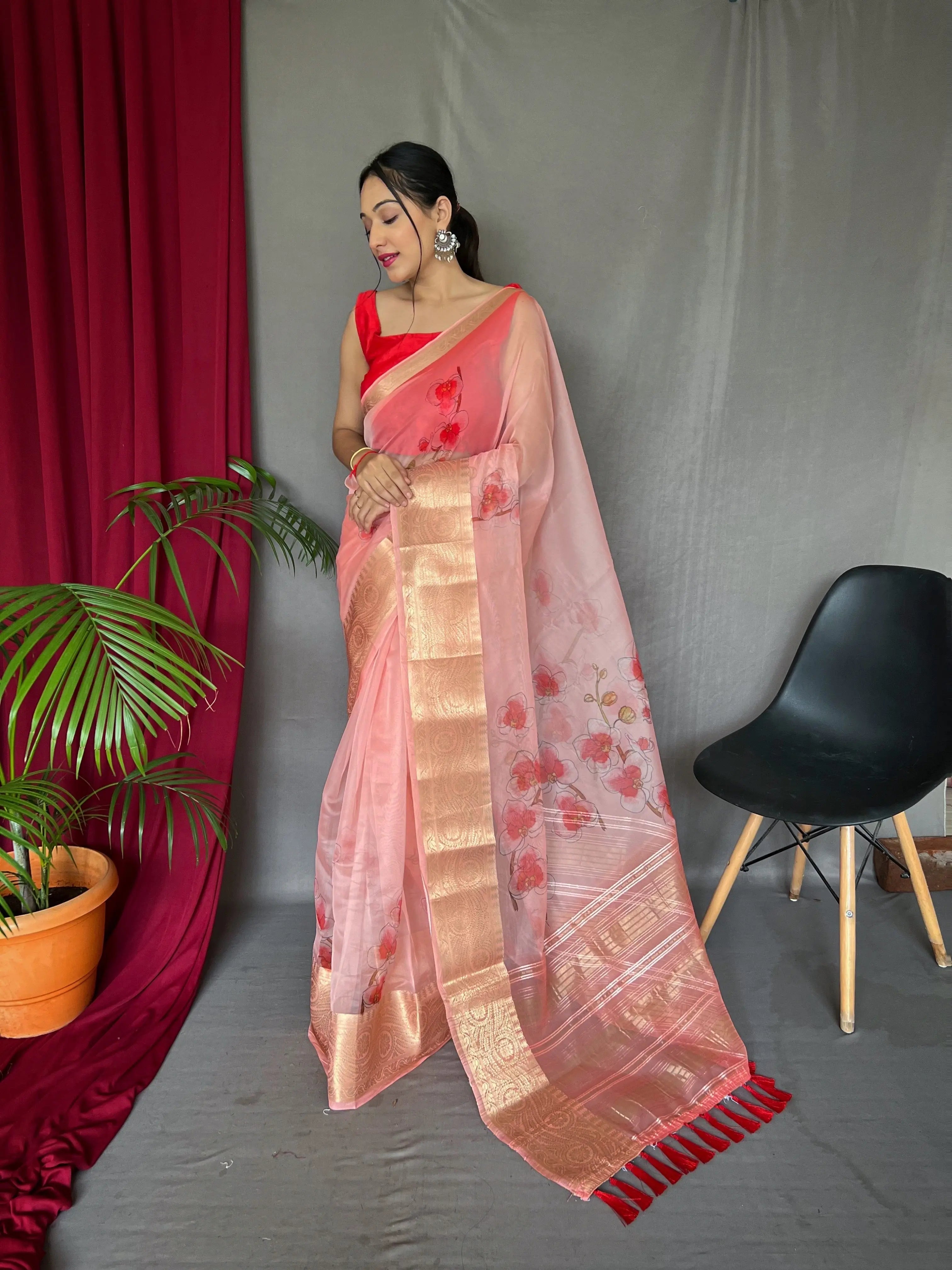 Organza Digital Floral Printed Saree Blush Pink - Colorful Saree