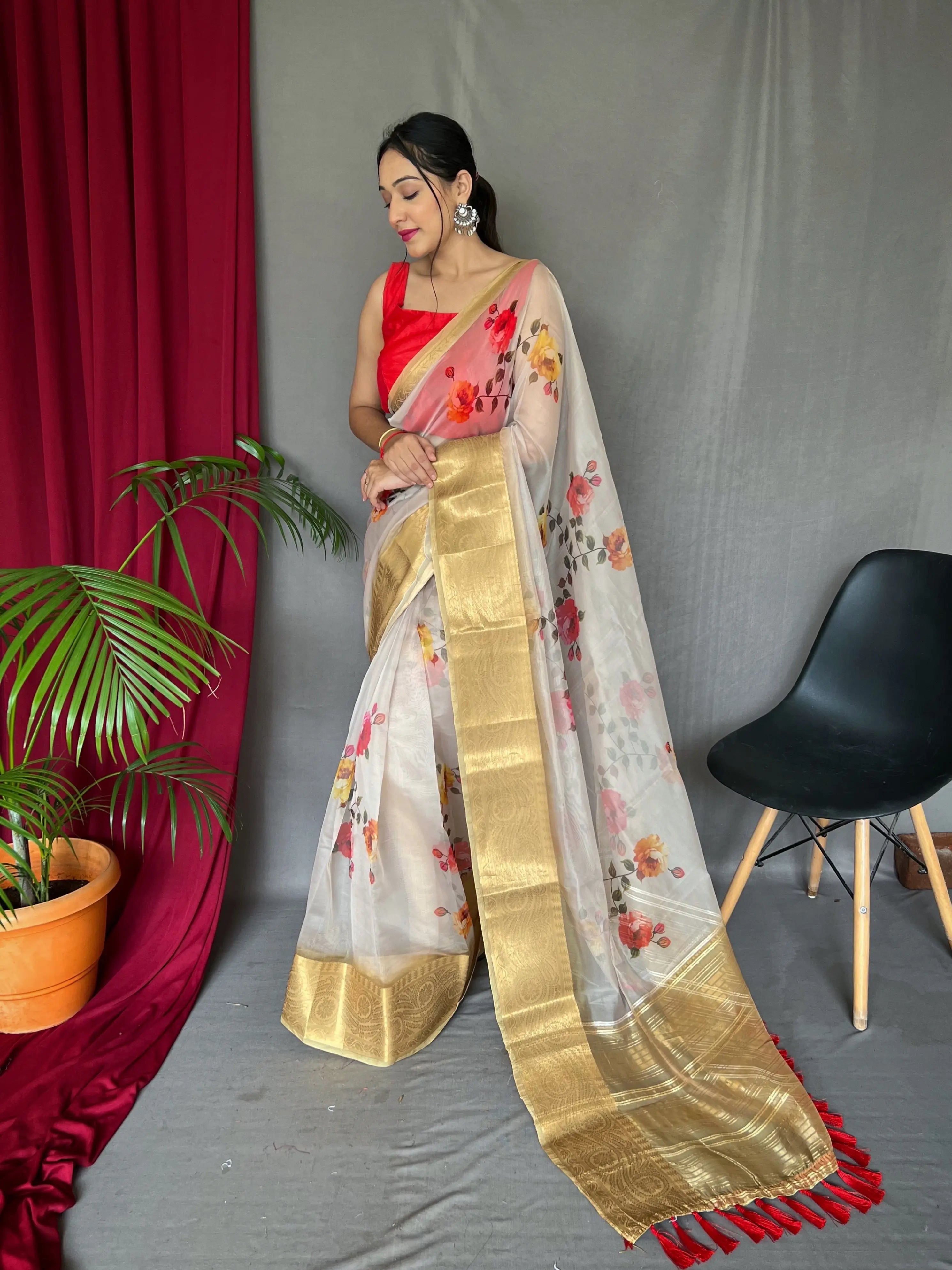 Organza Digital Floral Printed Saree Bone White - Colorful Saree