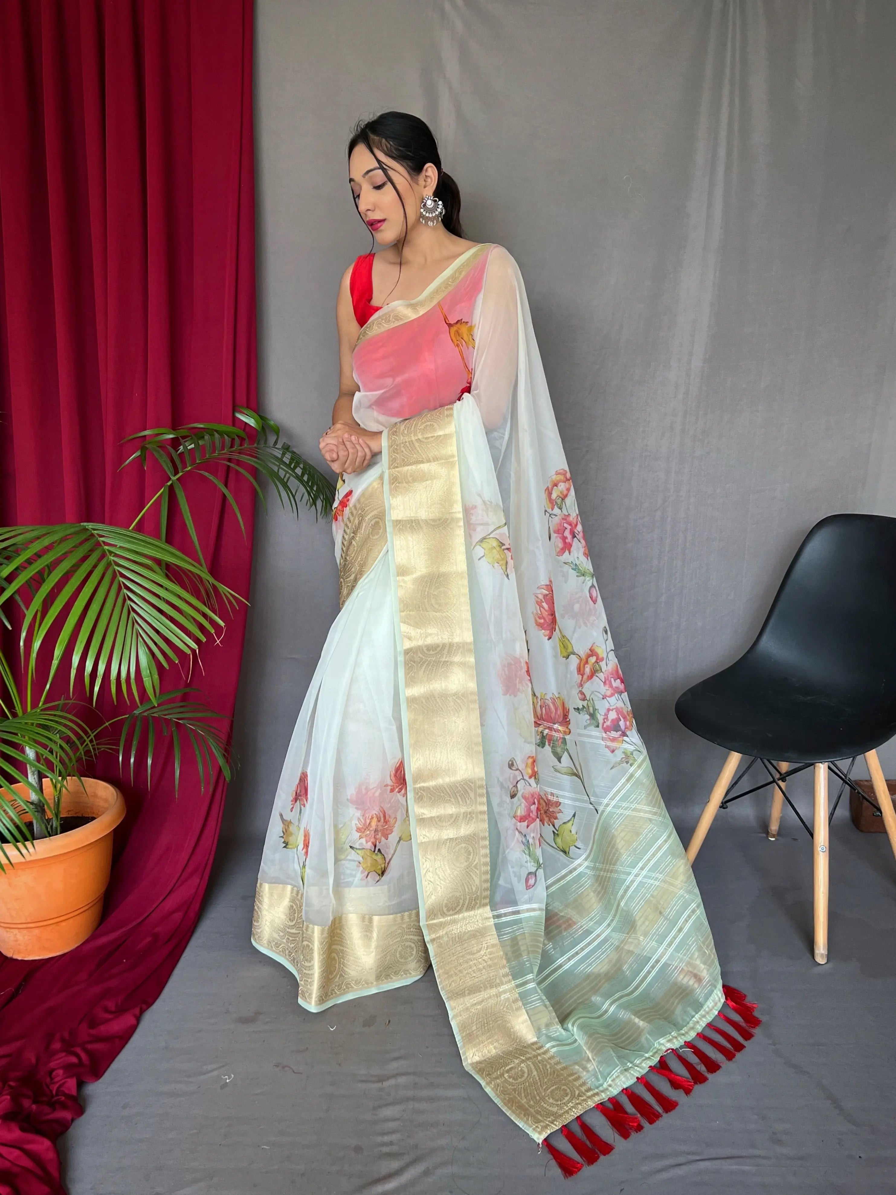 Organza Digital Floral Printed Saree Green Mist - Colorful Saree