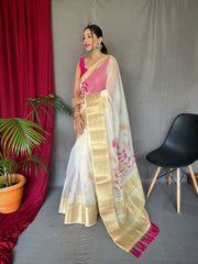 Organza Digital Floral Printed Saree Pastel Yellow - Colorful Saree