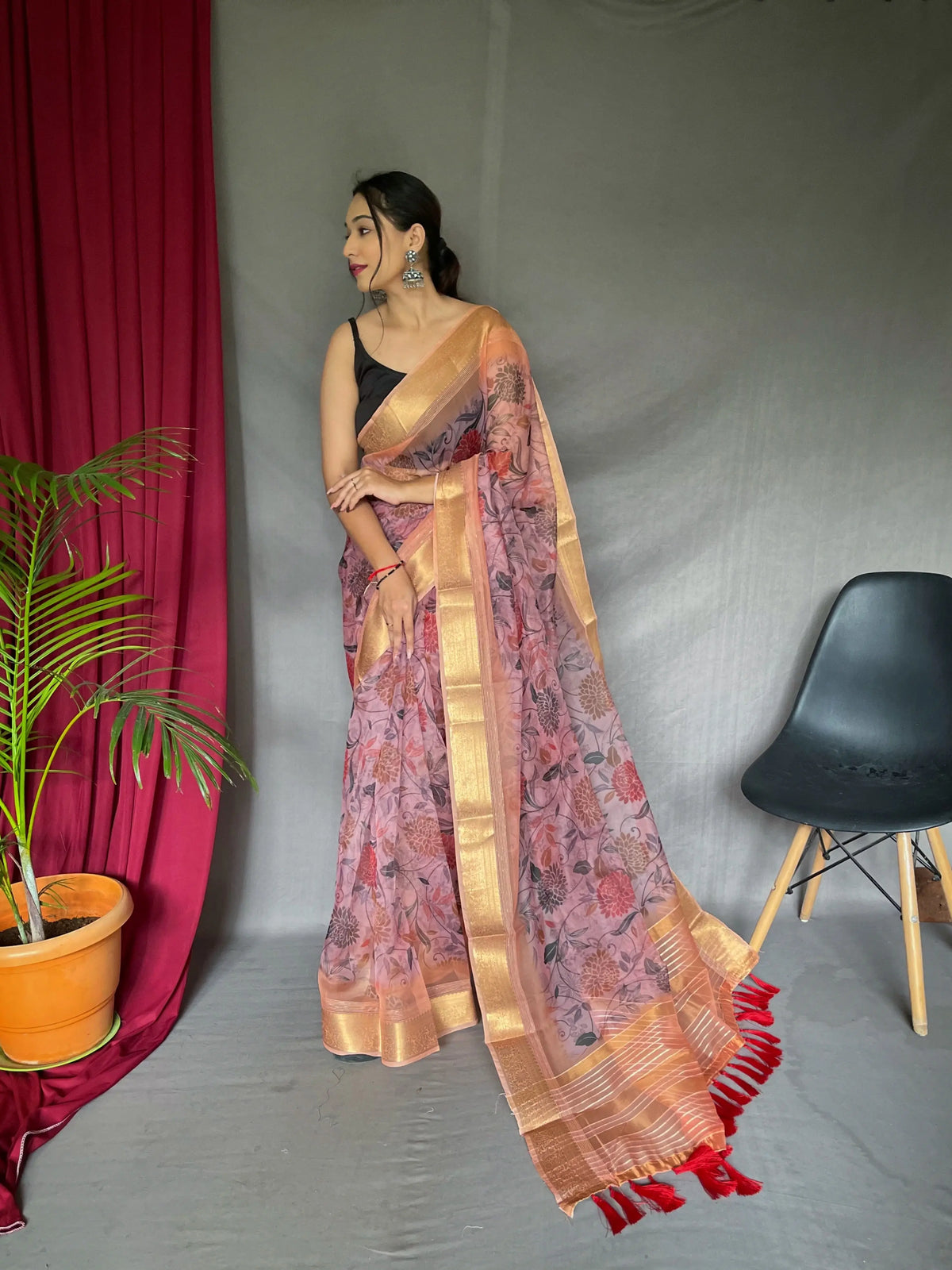 Organza Floral Printed with Sequins Jacquard Woven Saree Daisy Pink - Colorful Saree