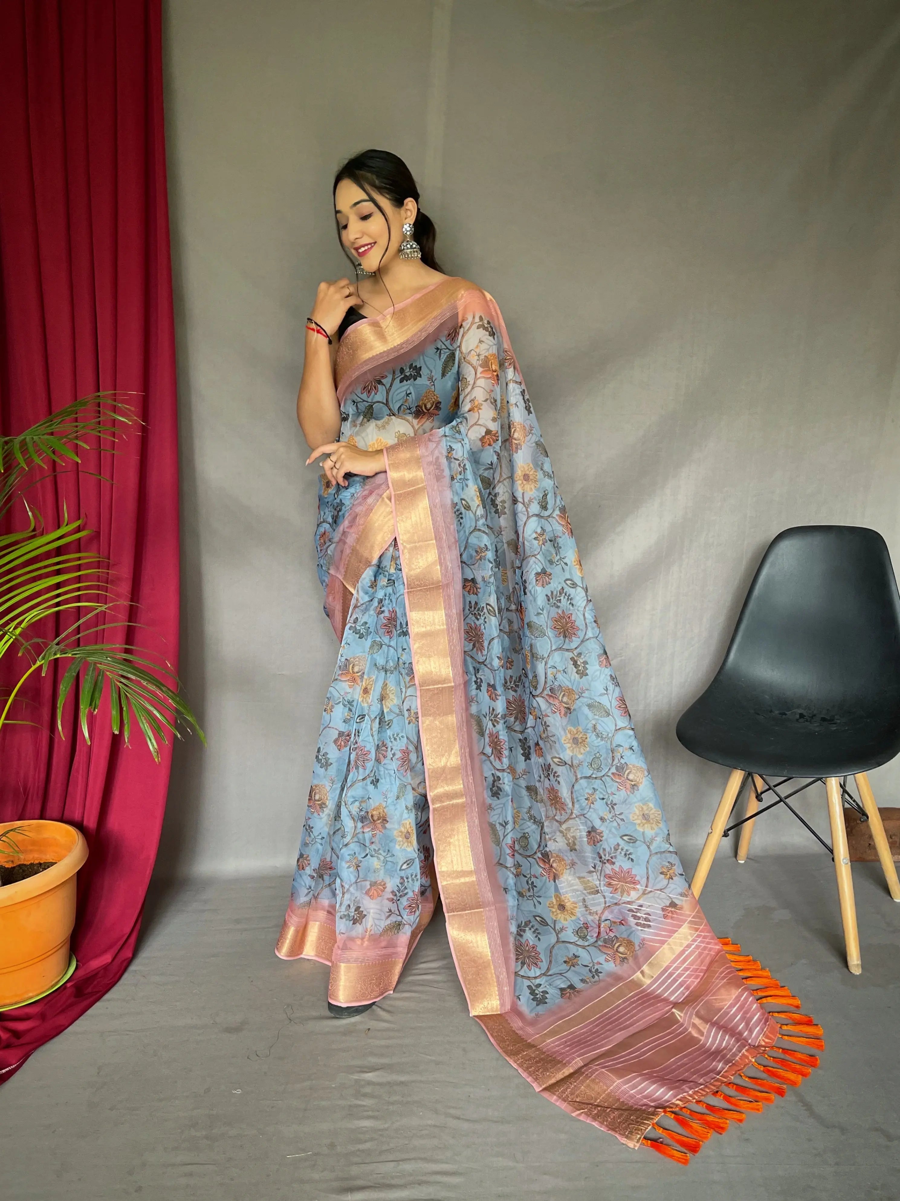 Organza Floral Printed with Sequins Jacquard Woven Saree Moonstone Blue - Colorful Saree