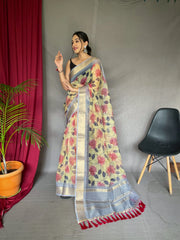 Organza Floral Printed with Sequins Jacquard Woven Saree Pastel Yellow - Colorful Saree