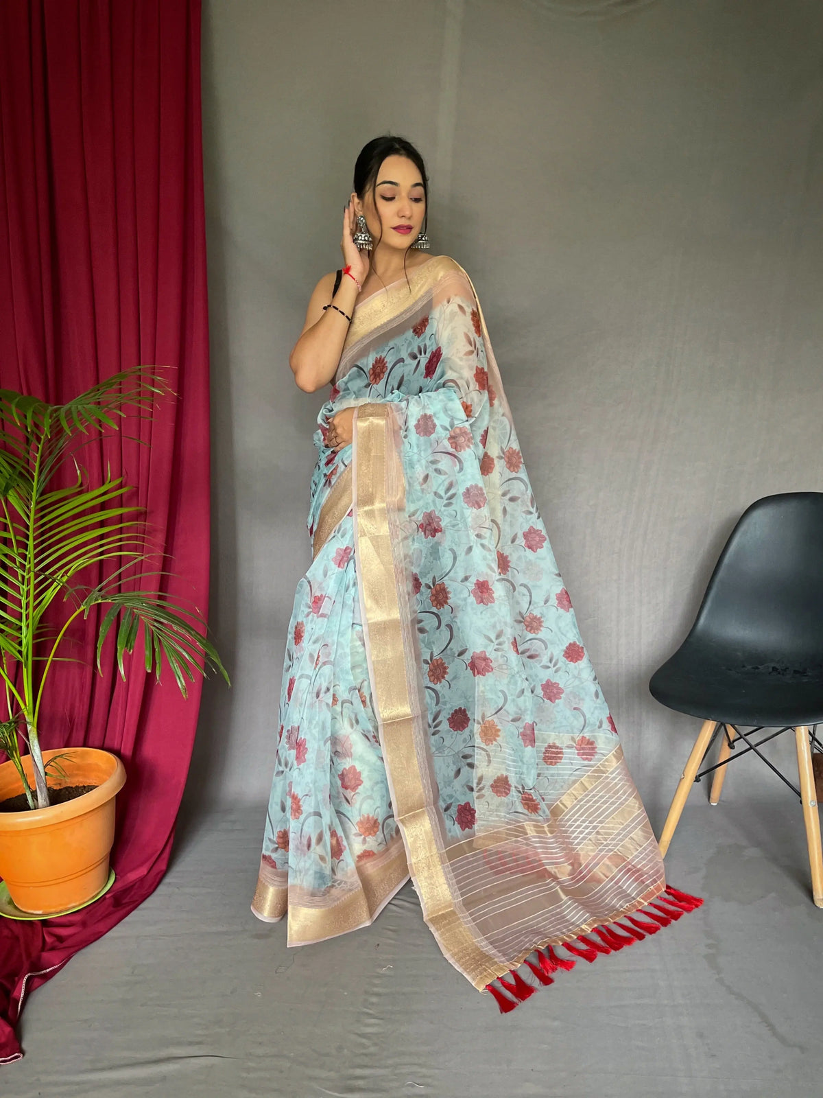 Organza Floral Printed with Sequins Jacquard Woven Saree Powder Blue - Colorful Saree