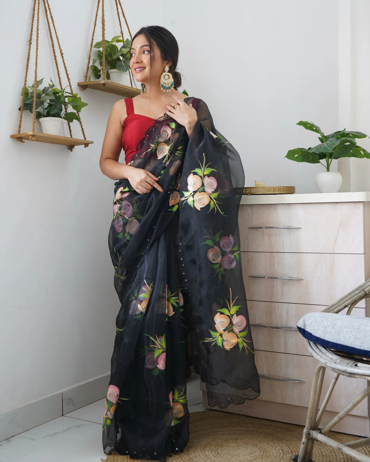 Organza Hand Painted Floral Saree Black - Colorful Saree